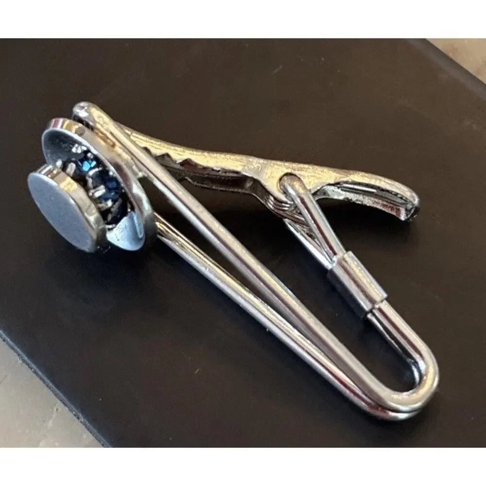 Vintage Pioneer CZ Sapphire Color Silver Toned Tie Clip L2